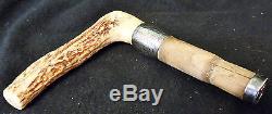 Antique Walking Stick Cane Carved Stag Horn & Sterling Silver Handle Only