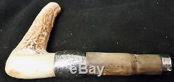 Antique Walking Stick Cane Carved Stag Horn & Sterling Silver Handle Only