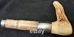 Antique Walking Stick Cane Carved Stag Horn & Sterling Silver Handle Only