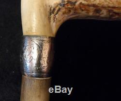 Antique Walking Stick Cane Carved Stag Horn & Sterling Silver Handle Only