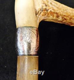 Antique Walking Stick Cane Carved Stag Horn & Sterling Silver Handle Only