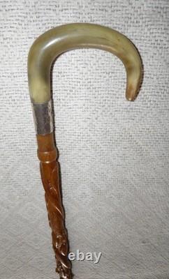 Antique Walking Stick Cane Entirely Carved Shaft Silver Collar Hallmarked 1919