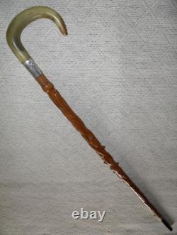 Antique Walking Stick Cane Entirely Carved Shaft Silver Collar Hallmarked 1919