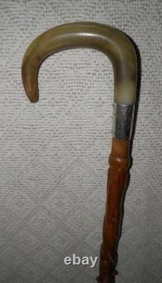 Antique Walking Stick Cane Entirely Carved Shaft Silver Collar Hallmarked 1919