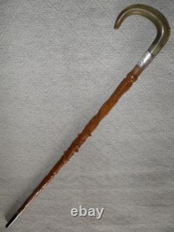 Antique Walking Stick Cane Entirely Carved Shaft Silver Collar Hallmarked 1919