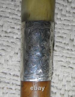 Antique Walking Stick Cane Entirely Carved Shaft Silver Collar Hallmarked 1919