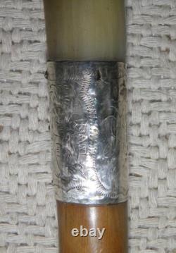 Antique Walking Stick Cane Entirely Carved Shaft Silver Collar Hallmarked 1919