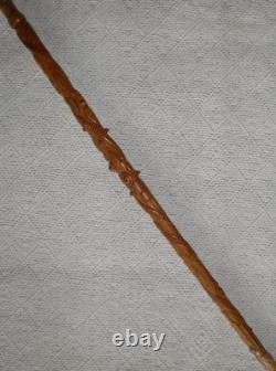 Antique Walking Stick Cane Entirely Carved Shaft Silver Collar Hallmarked 1919 Antique Walking Stick Cane Entirely Carved Shaft Silver Collar Hallmarked 1919
