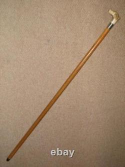 Antique Walking Stick Cane Hand-Carved Antler Glass Eyed Hunt Hound Whistle Top