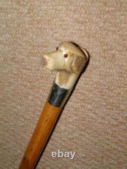 Antique Walking Stick Cane Hand-Carved Antler Glass Eyed Hunt Hound Whistle Top