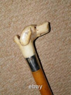 Antique Walking Stick Cane Hand-Carved Antler Glass Eyed Hunt Hound Whistle Top