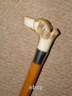 Antique Walking Stick Cane Hand-Carved Antler Glass Eyed Hunt Hound Whistle Top