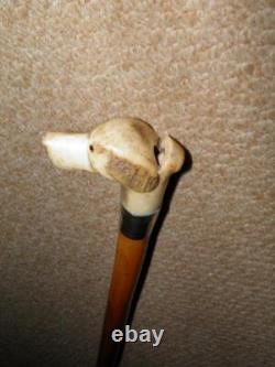 Antique Walking Stick Cane Hand-Carved Antler Glass Eyed Hunt Hound Whistle Top