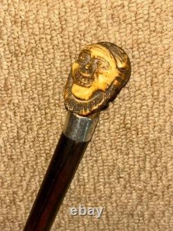 Antique Walking Stick / Cane Hand-Carved Antler Man & Hallmarked 1923 Silver