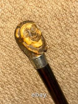 Antique Walking Stick / Cane Hand-Carved Antler Man & Hallmarked 1923 Silver