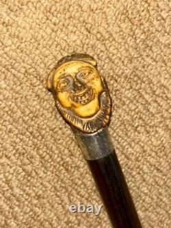 Antique Walking Stick / Cane Hand-Carved Antler Man & Hallmarked 1923 Silver