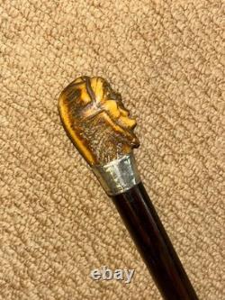 Antique Walking Stick / Cane Hand-Carved Antler Man & Hallmarked 1923 Silver
