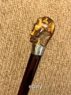 Antique Walking Stick / Cane Hand-Carved Antler Man & Hallmarked 1923 Silver