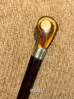 Antique Walking Stick / Cane Hand-Carved Antler Man & Hallmarked 1923 Silver