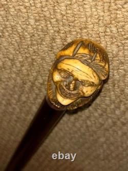 Antique Walking Stick / Cane Hand-Carved Antler Man & Hallmarked 1923 Silver