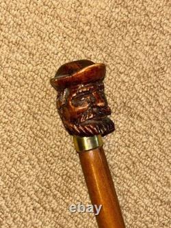 Antique Walking Stick Cane Hand-Carved Bearded Man with Hat & Brass Collar