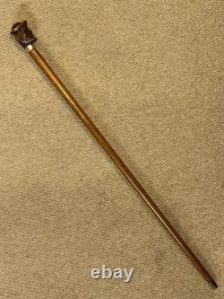 Antique Walking Stick Cane Hand-Carved Bearded Man with Hat & Brass Collar