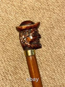 Antique Walking Stick Cane Hand-Carved Bearded Man with Hat & Brass Collar
