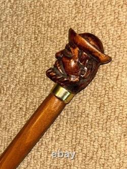 Antique Walking Stick Cane Hand-Carved Bearded Man with Hat & Brass Collar