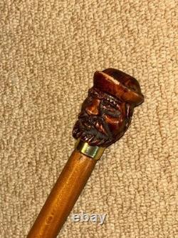 Antique Walking Stick Cane Hand-Carved Bearded Man with Hat & Brass Collar