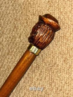 Antique Walking Stick Cane Hand-Carved Bearded Man with Hat & Brass Collar