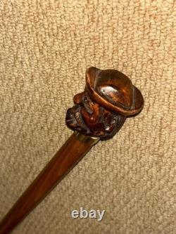 Antique Walking Stick Cane Hand-Carved Bearded Man with Hat & Brass Collar