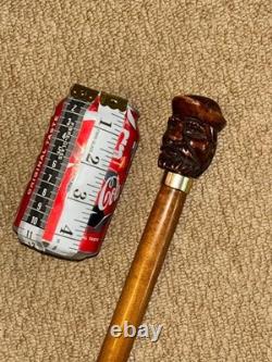 Antique Walking Stick Cane Hand-Carved Bearded Man with Hat & Brass Collar