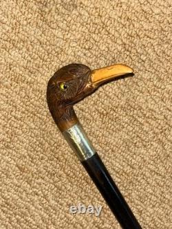 Antique Walking Stick Cane Hand-Carved Bird Handle & Hallmarked 1916 Silver