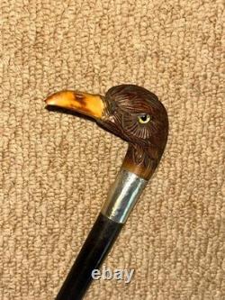 Antique Walking Stick Cane Hand-Carved Bird Handle & Hallmarked 1916 Silver