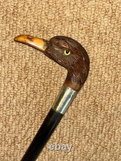 Antique Walking Stick Cane Hand-Carved Bird Handle & Hallmarked 1916 Silver