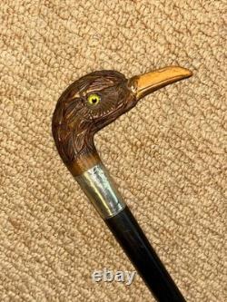 Antique Walking Stick Cane Hand-Carved Bird Handle & Hallmarked 1916 Silver