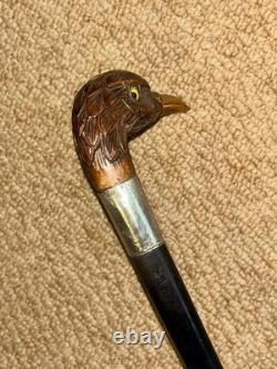 Antique Walking Stick Cane Hand-Carved Bird Handle & Hallmarked 1916 Silver
