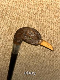 Antique Walking Stick Cane Hand-Carved Bird Handle & Hallmarked 1916 Silver