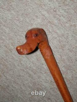 Antique Walking Stick/Cane Hand-Carved Borzoi Head Handle With Glass Eyes 89cm