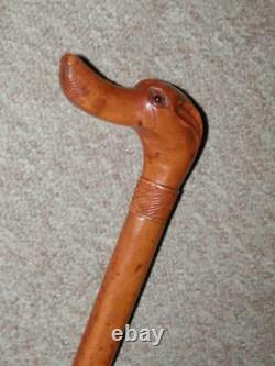 Antique Walking Stick/Cane Hand-Carved Borzoi Head Handle With Glass Eyes 89cm