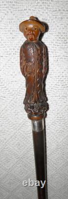 Antique Walking Stick / Cane Hand Carved Chinese Man Silver Collar By Kendall