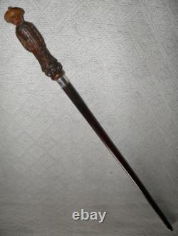 Antique Walking Stick / Cane Hand Carved Chinese Man Silver Collar By Kendall