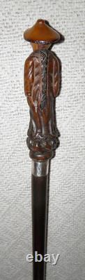 Antique Walking Stick / Cane Hand Carved Chinese Man Silver Collar By Kendall