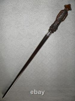 Antique Walking Stick / Cane Hand Carved Chinese Man Silver Collar By Kendall