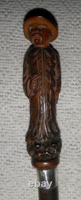Antique Walking Stick / Cane Hand Carved Chinese Man Silver Collar By Kendall