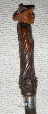 Antique Walking Stick / Cane Hand Carved Chinese Man Silver Collar By Kendall
