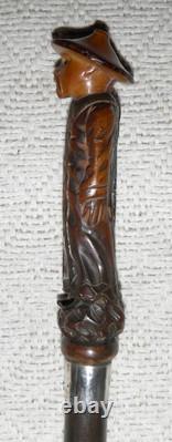 Antique Walking Stick / Cane Hand Carved Chinese Man Silver Collar By Kendall
