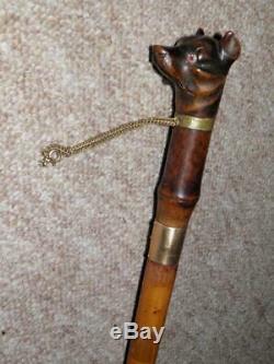 Antique Walking Stick/Cane- Hand Carved Doberman Head Top- HM 9ct Gold Collar