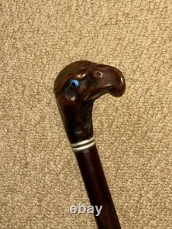 Antique Walking Stick Cane Hand-Carved Eagle Head Top & Silver Collar