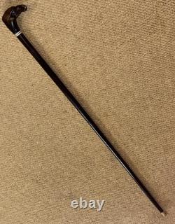 Antique Walking Stick Cane Hand-Carved Eagle Head Top & Silver Collar
